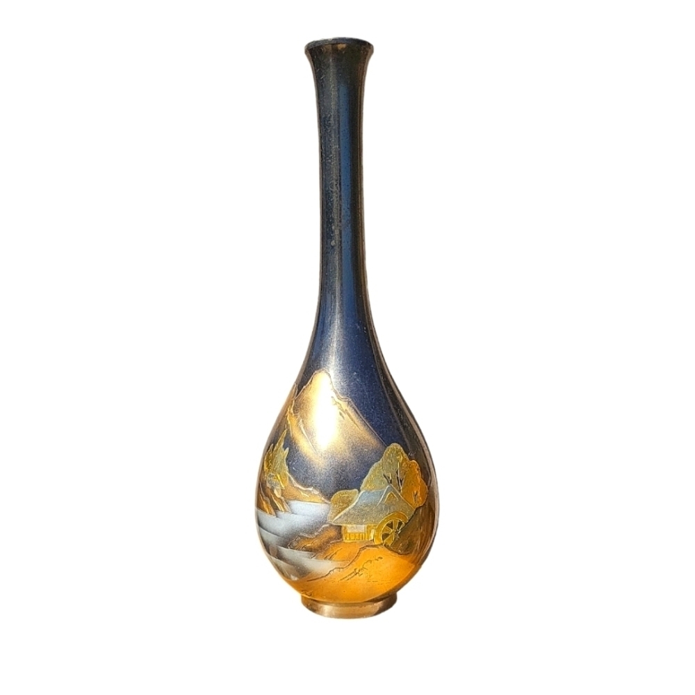 Vintage Japanese etched copper metal bud vase Hidden Village